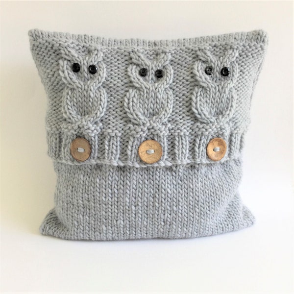 KNITTING PATTERN, '3 Wise Owls', pillow cover with owls, knit flat and sewn up, home decor, nature  throws, English