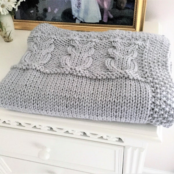 KNITTING PATTERN, ‘Band of Owls Blanket Throw’, easy baby blanket, knit flat, knitted home decor, cover for sofa or bed, English