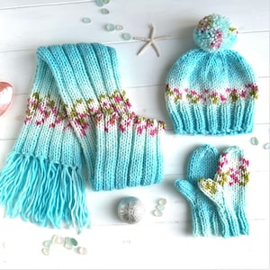 Knitting pattern, child toddler, knit flat design, kids mitts, children's knitted hat, diy mittens gift, English, ‘Hope hat gloves scarf'