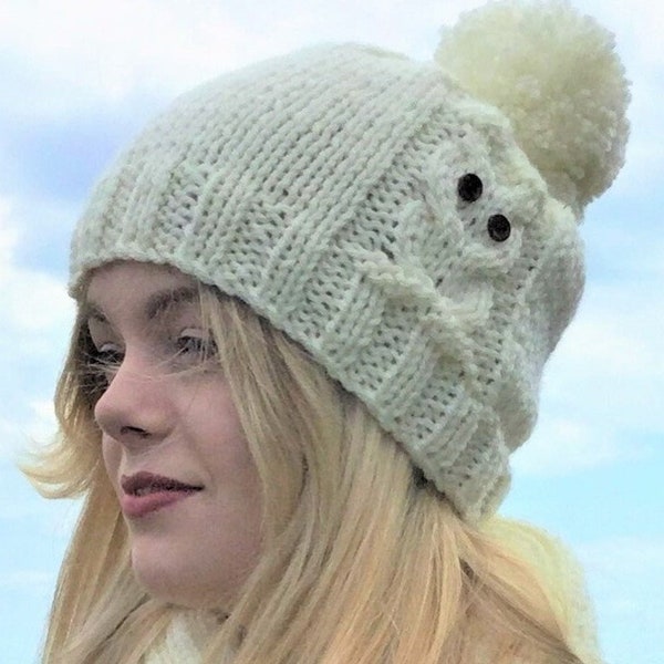 KNITTING PATTERN, 'Owl Pompom Hat', adult child toddler, beanie knit flat, knitted head warmer, English