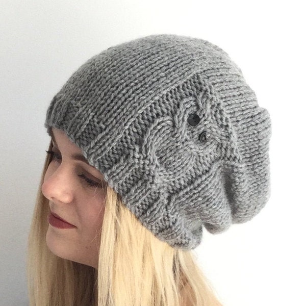 KNITTING PATTERN, ‘Owl Slouchy Hat’, adult child toddler, beanie knit flat, knitted sloppy head warmer, English