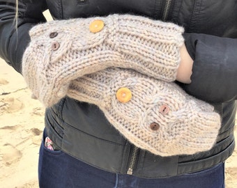 KNITTING PATTERN, 'Owl Flip-top Mitts', adults, ladies mittens knit flat, women's knitted gloves, bulky winter mitts, English