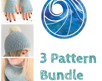 KNITTING PATTERN discount bundle, ‘Sea Waves’, hat gloves cowl, toddler child adult, knit FLAT, easy knitting, cosy adult beanie, English