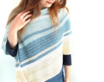 KNITTING PATTERN, 'Into The  Blue Poncho’, adult, easy ladies top knit flat, cosy diy shawl, summer evening wrap, English