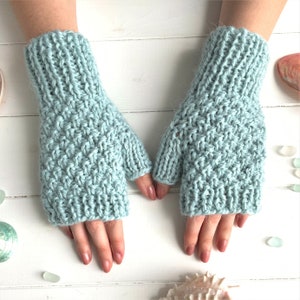 KNITTING PATTERN, 'Glacier Blue Fingerless Gloves', adult child toddler, easy mittens knitted flat, fingerless mitts, English image 3