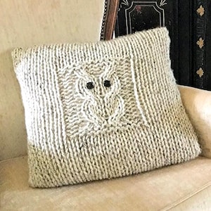 Knitting Pattern Cushion, Owl Pillow Lounge Decor Knit Design, Easy Cable Bird Decoration Instructions, Big Owl Cushion Cover (English)