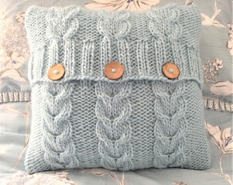 KNITTING PATTERN, ‘Heartstrings Cushion Cover’, cable pillow cover, button opening, knit flat and sewn up, English