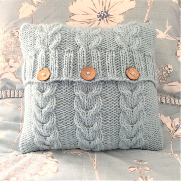 KNITTING PATTERN, ‘Heartstrings Cushion Cover’, cable pillow cover, button opening, knit flat and sewn up, English