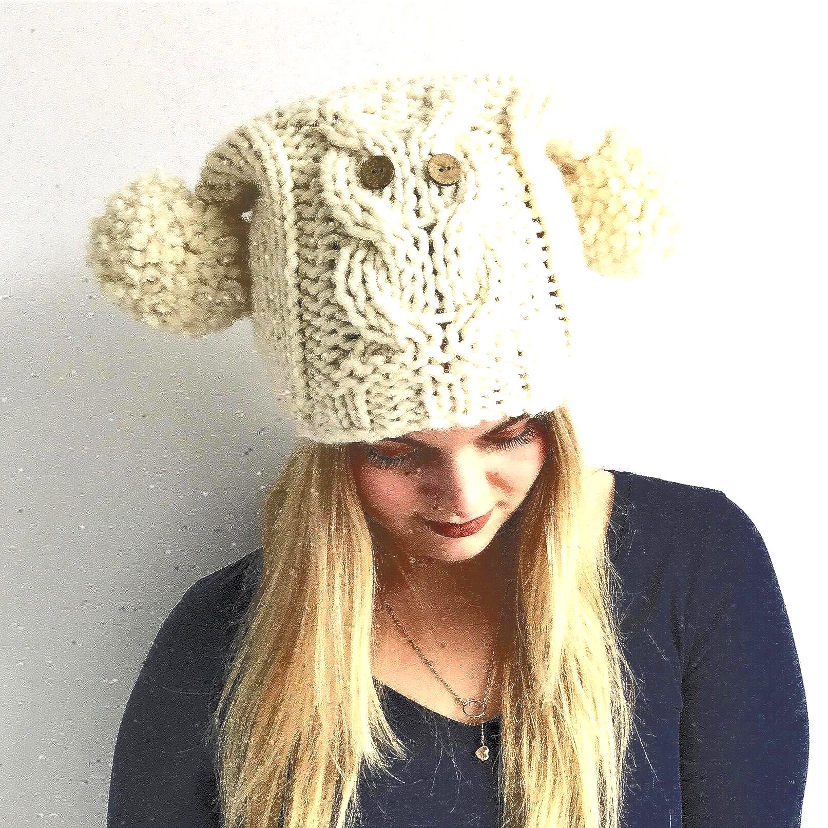 Handmade knitted owl hat with crochet flowers and pom-poms for adults Owl-Hat-Knitting-Pattern-  main image 3