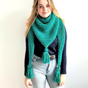 Puede incluir: Una bufanda de punto azul turquesa y verde con borlas largas. La bufanda tiene forma triangular y la lleva puesta una persona.