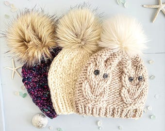 Pacchetto di modelli per cappelli a maglia: gufo invernale, pois, vetro di mare, berretto per ragazzi e adulti (inglese)