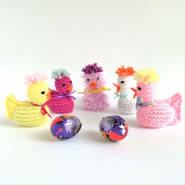 KNITTING PATTERN, ‘Funky Easter Chicks Creme Egg Cover’, knit flat, easy cream egg cosy, knitted Easter Spring home decoration, English