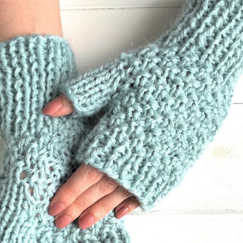 KNITTING PATTERN, 'Glacier Blue Fingerless Gloves', adult child toddler, easy mittens knitted flat, fingerless mitts, English image 4