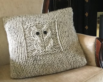 KNITTING PATTERN, 'Big Owl Cushion Cover', owl pillow cover, knit flat and sewn up, owl home decor, easy intermediate, English