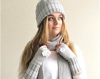 KNITTING PATTERN set, adult knit flat winter design, ladies winter snowflake knitted gift, English, ‘Snowy hat fingerless gloves scarf&#39;