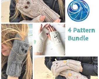 KNITTING PATTERN discount bundle, Owl Fingerless Mitts, Owl Mitts, Owl Fliptop Mitts, Summer Owl NDMs, value set, adult and child, English