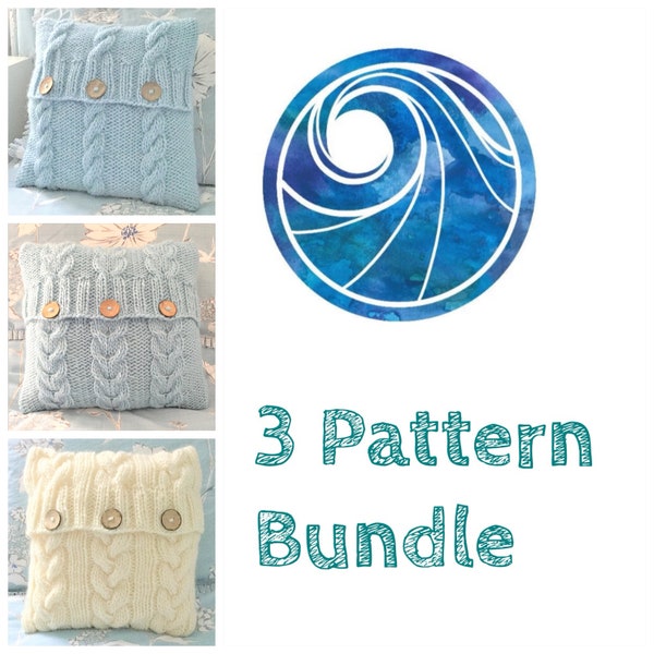 KNITTING PATTERN discount bundle, cabled cushion covers, 3 Cables, Heartstrings, Soft Sand, knit FLAT, knit pillow, home decor, English