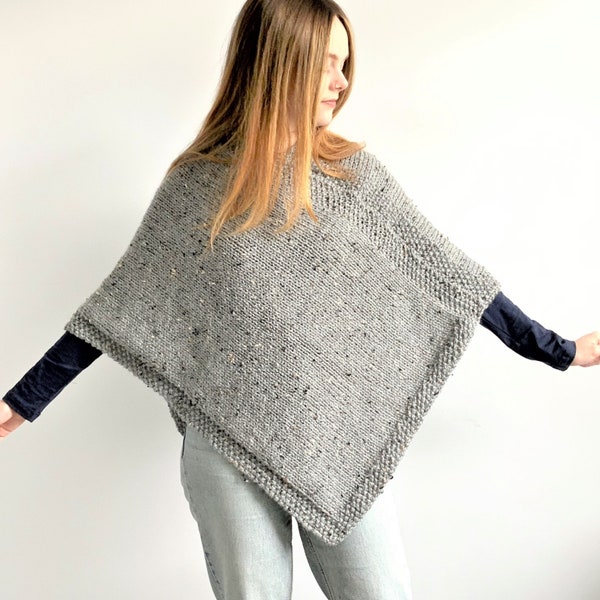 KNITTING PATTERN, ‘Peace Poncho’, adult, easy ladies top knit flat, beginner's knitted diy shawl, winter walking coat, English