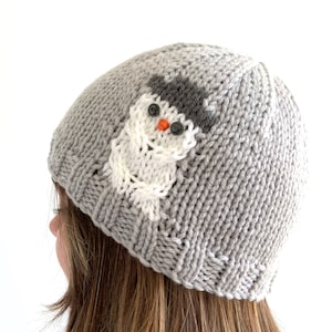 KNITTING PATTERN, adult child toddler, beanie knit flat, knitted head warmer, winter family hat, Christmas gift, English, &#39;Snowman Beanie&#39;
