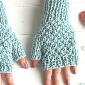 KNITTING PATTERN, 'Glacier Blue Fingerless Gloves', adult child toddler, easy mittens knitted flat, fingerless mitts, English image 5