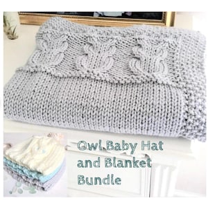 Knitting Pattern Bundle, Owl Babies Beanie & Blanket Bundle, Baby sizes, Knit Flat, (English)