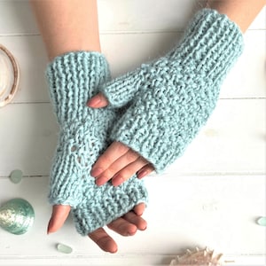 KNITTING PATTERN, 'Glacier Blue Fingerless Gloves', adult child toddler, easy mittens knitted flat, fingerless mitts, English image 1