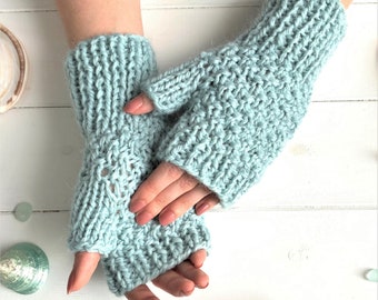 KNITTING PATTERN, 'Glacier Blue Fingerless Gloves', adult child toddler, easy mittens knitted flat, fingerless mitts, English