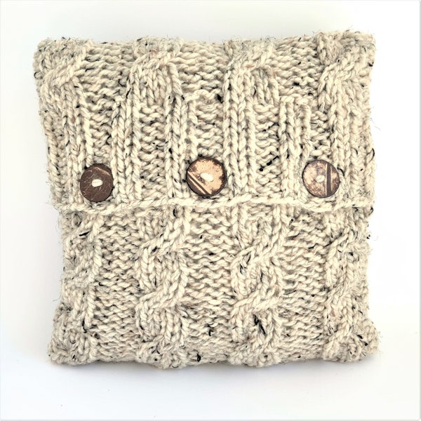 KNITTING PATTERN, '4 Cables Cushion Cover', pillow cover with cables, knit flat and sewn up, decorative button opening, English