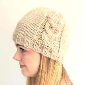 KNITTING PATTERN hat, adult child toddler, knit flat/circular, knitted owlie head warmer, gift for her, child present, English, &#39;Owl Beanie&#39;