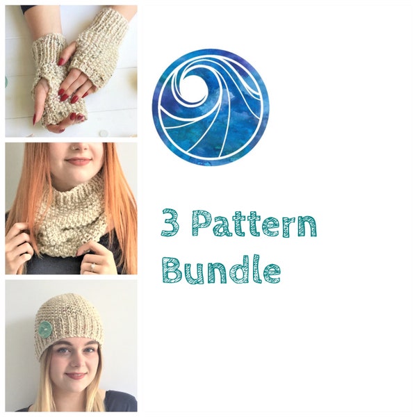 KNITTING PATTERN discount bundle, 'Pebbles' design, hat gloves cowl, toddler child adult, knit FLAT, chunky bulky, easy kids beanie, English