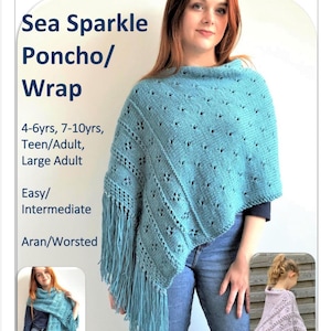 Padrão de tricô para poncho, xale rendado com miçangas para crianças e adultos, xale feminino de verão, 'Brilho do Mar' (PDF em inglês)
