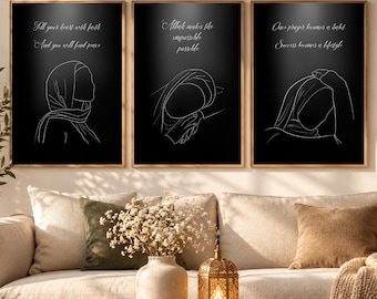 May include: Three rectangular wall art prints with black backgrounds and white line art illustrations of individuals wearing hijabs. The text reads: Fill your heart with faith, And you will find peace; Allah makes the impossible possible; Once prayer becomes a habit, Success becomes a lifestyle.