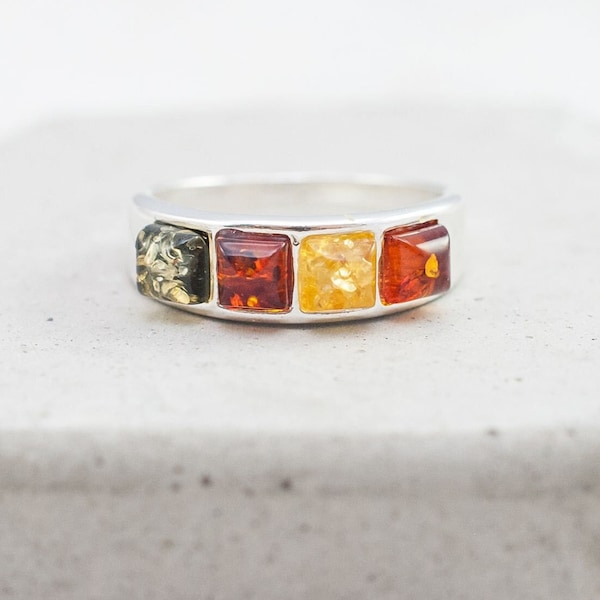 Three Colours Amber Ring Baltic Amber Ring Sterling Silver Ring Natural Stone Ring Gemstone Ring Dainty Ring Silver Multicolour Amber Ring