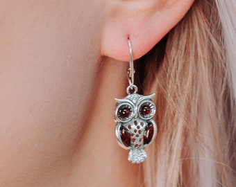 Handcrafted Silver Owl Earrings, Baltic Amber Owl Earrings,  Amber Dangle Drop Earrings, Owl Lovers Gift, Bird Lover Gift, Nature Earrings