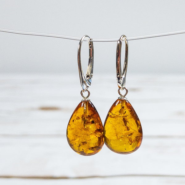 Natural Baltic Amber Earrings Teardrop Amber Earrings Silver Teardrop Earrings Amber Beads Teardrop Bead Stone Earrings Amber Gift