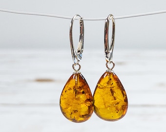 Natural Baltic Amber Earrings Teardrop Amber Earrings Silver Teardrop Earrings Amber Beads Teardrop Bead Stone Earrings Amber Gift