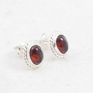 Classic Baltic Amber Stud Earrings Sterling Silver Stud Earrings Natural Cherry Amber Stone Red Amber Cabochon Earrings Dainty Stud Earrings image 2