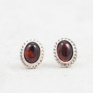 Classic Baltic Amber Stud Earrings Sterling Silver Stud Earrings Natural Cherry Amber Stone Red Amber Cabochon Earrings Dainty Stud Earrings image 1