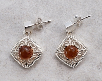 Baltic Amber Earrings, Victorian Stud Drop Earrings, Vintage Dangle Earrings, Filigree Silver Earrings, Handmade Leverback Earrings