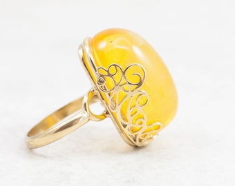 One of a kind Baltic Amber Ring Egg Yolk Amber Ring Gold Vintage Amber Statement Ring Filigree Ring Amber Butterscotch Amber Silver Ring