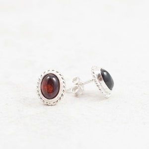 Classic Baltic Amber Stud Earrings Sterling Silver Stud Earrings Natural Cherry Amber Stone Red Amber Cabochon Earrings Dainty Stud Earrings image 5