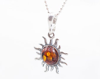 Baltic Amber Sun Pendant Necklace Natural Amber Sun Pendant Amber Silver Sun Pendant Sterling Silver Sunshine Pendant Double-Sided Sun