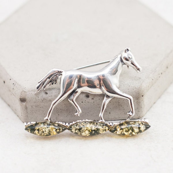 Baltic Amber Horse Brooch Green Amber Horse Pin Silver Horse Lover Gift Equestrian Jewelry Silver Horse Amber Horse Pendant Horse Charm