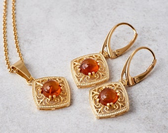 Parure de bijoux en ambre, boucles d'oreilles et collier vintage en ambre, collier victorien en plaqué or 24 carats, boucles d'oreilles pendantes en ambre, pendentif en ambre, bijoux en ambre