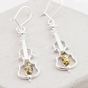 Green Amber Violin Earrings Baltic Amber Dangle Earrings Silver Violin Jewelry Violin Teacher Gift Silver Earrings Violinist Spring Gift