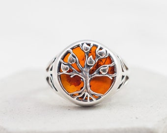 Tree of Life Amber Ring Baltic Amber Signet Ring Silver Ring Man and Woman Silver Mans Gemstone Ring Amber Silver Ring Amber Gemstone Ring