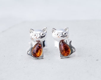 Gorgeous Baltic Amber Cat Earrings - Perfect for Cat Lovers  - Baltic Amber Cat Jewelry -Handmade and One-of-a-Kind Amber Cat Studs