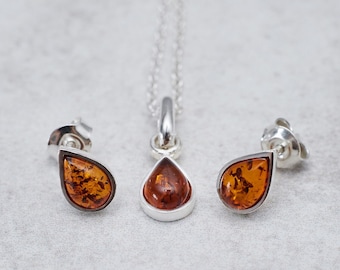 Amber Jewelry Set Baltic Amber Earrings Baltic Amber Necklace Amber Stud Earrings Silver Necklace Amber Studs Amber Gift for Her Amber Stone