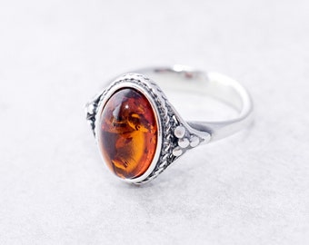 Bague classique en ambre de la Baltique, bague de fiançailles en ambre naturel, bague en argent sterling, bague vintage en ambre, bague délicate pour son cadeau d'anniversaire