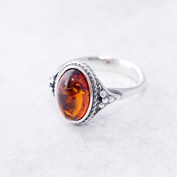 Classic Baltic Amber Ring Natural Amber Engagement Ring Sterling Silver Ring Vintage Amber Ring Dainty Ring for Her Anniversary Gift